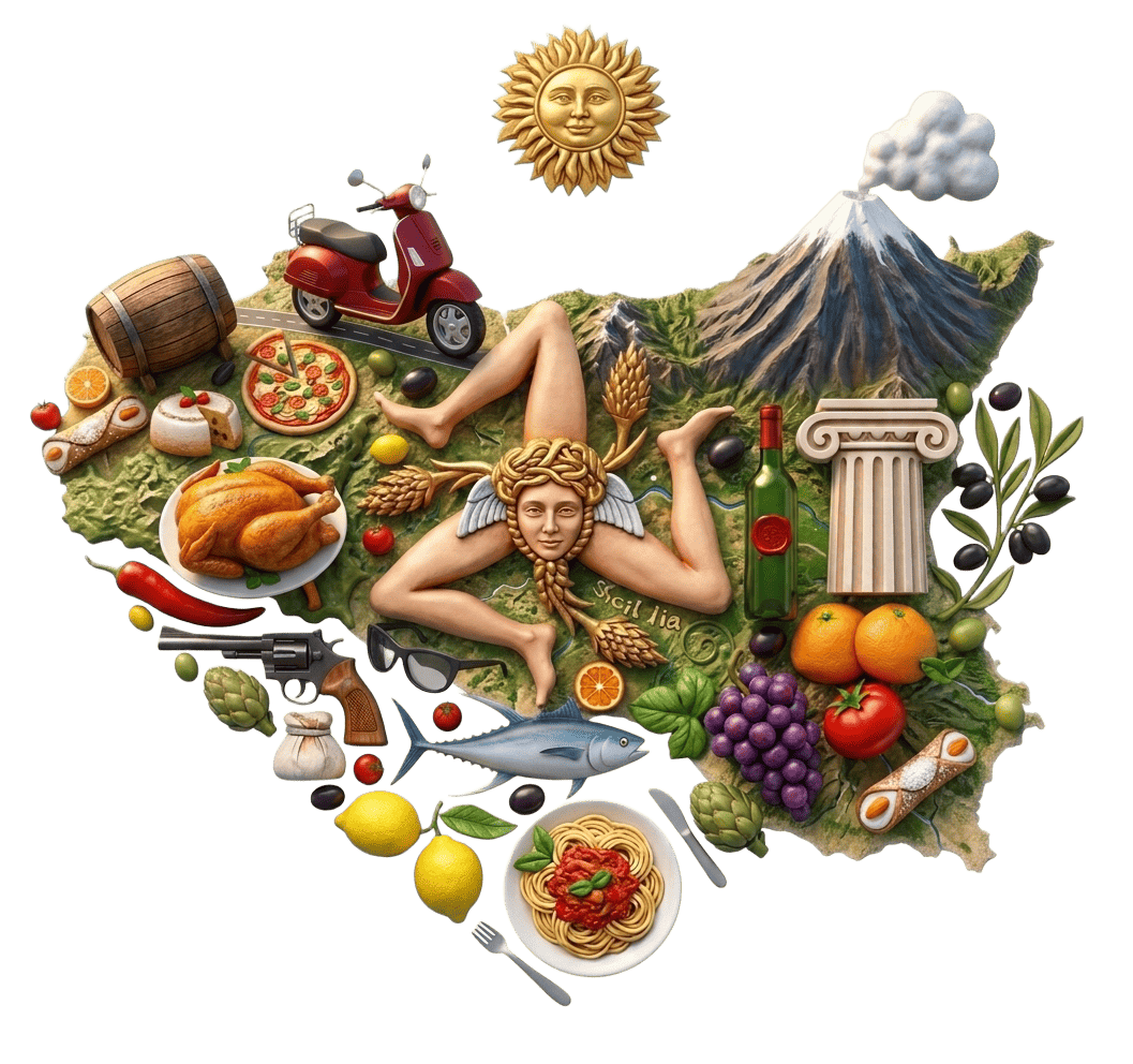 Illustrated map of Sicily with iconic symbols: Mount Etna, Trinacria, local food and wine